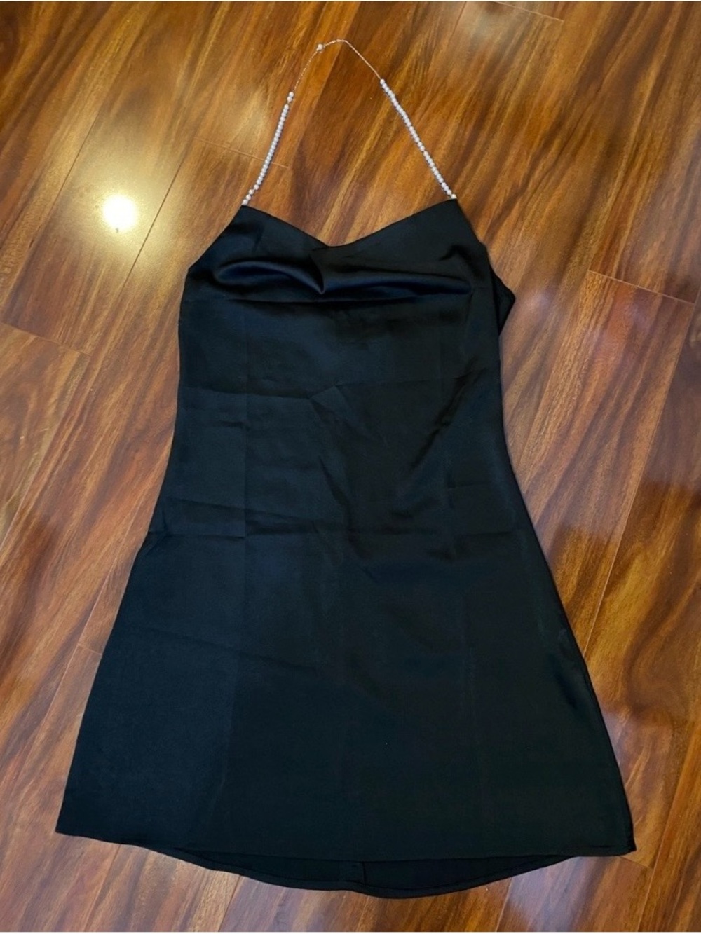 Black Pearl Beaded-Strap Cowl Neck mini Dress